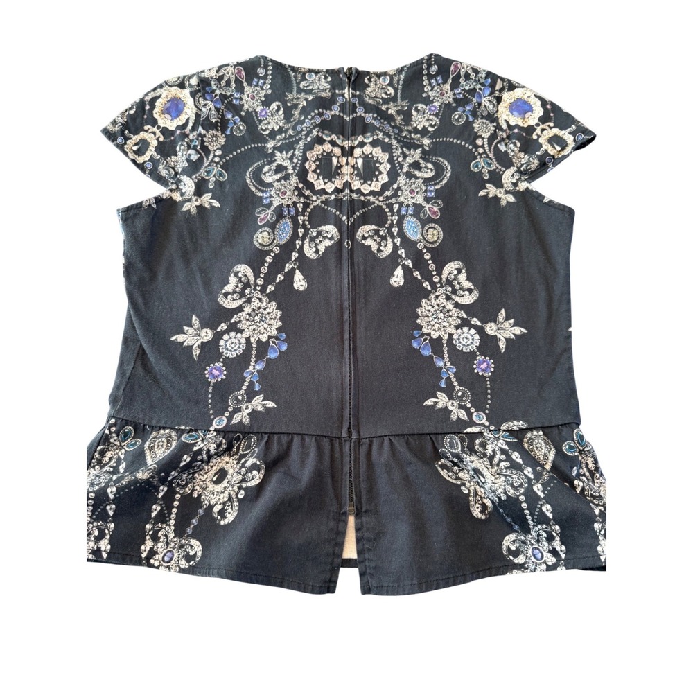 Anne Fontaine Saya Black Jewel Print Peplum Top‎ Cap Sleeve Cotton Blouse 42 - Picture 7 of 8